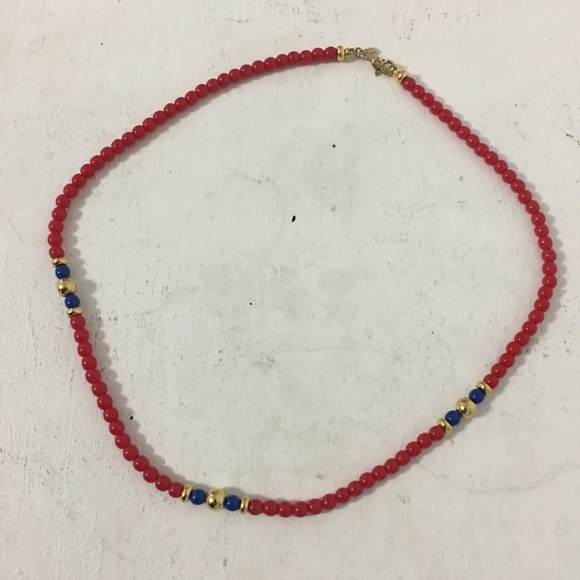 80s Vintage Monet Red Blue Gold Beaded Necklace - Picture 2 of 8